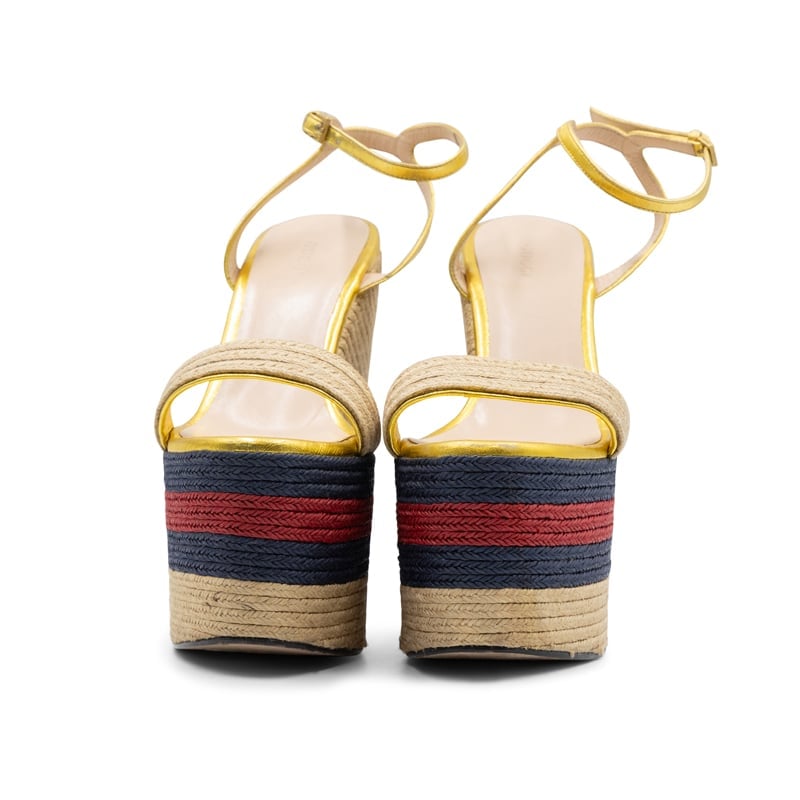 Gucci Gold Metallic Raffia Web Platform Espadrilles - Image 4