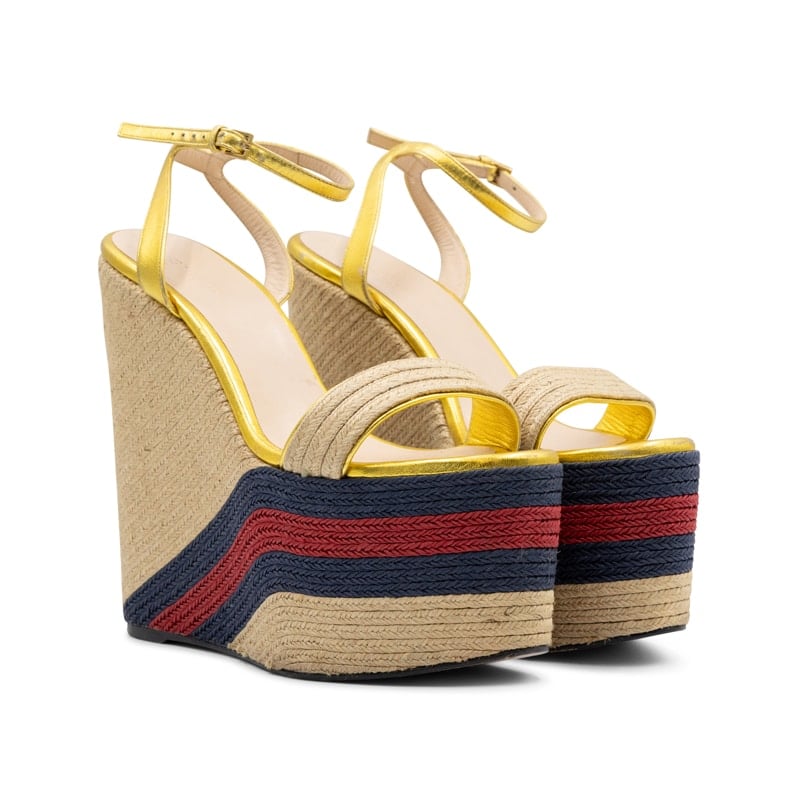 Gucci Gold Metallic Raffia Web Platform Espadrilles
