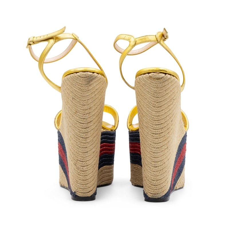 Gucci Gold Metallic Raffia Web Platform Espadrilles - Image 5