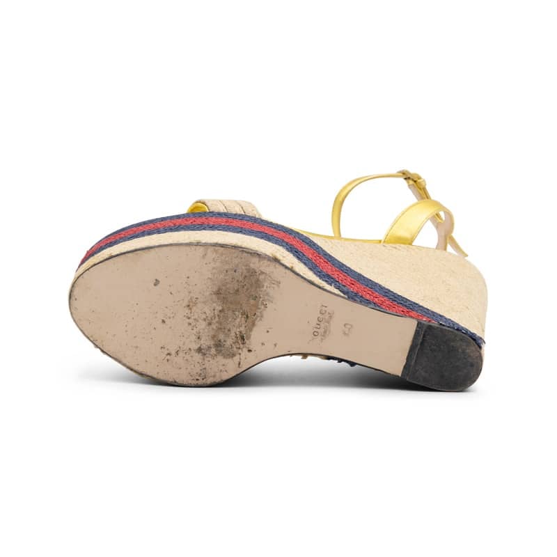 Gucci Gold Metallic Raffia Web Platform Espadrilles - Image 6
