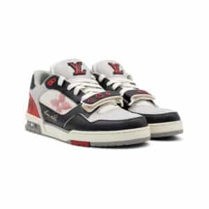 Louis Vuitton Grey Red Black Calfskin Monogram LV Trainer Sneakers