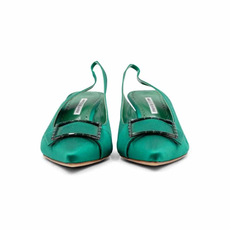 Manolo Blahnik Green Satin Dolores Slingback Pumps - Image 4