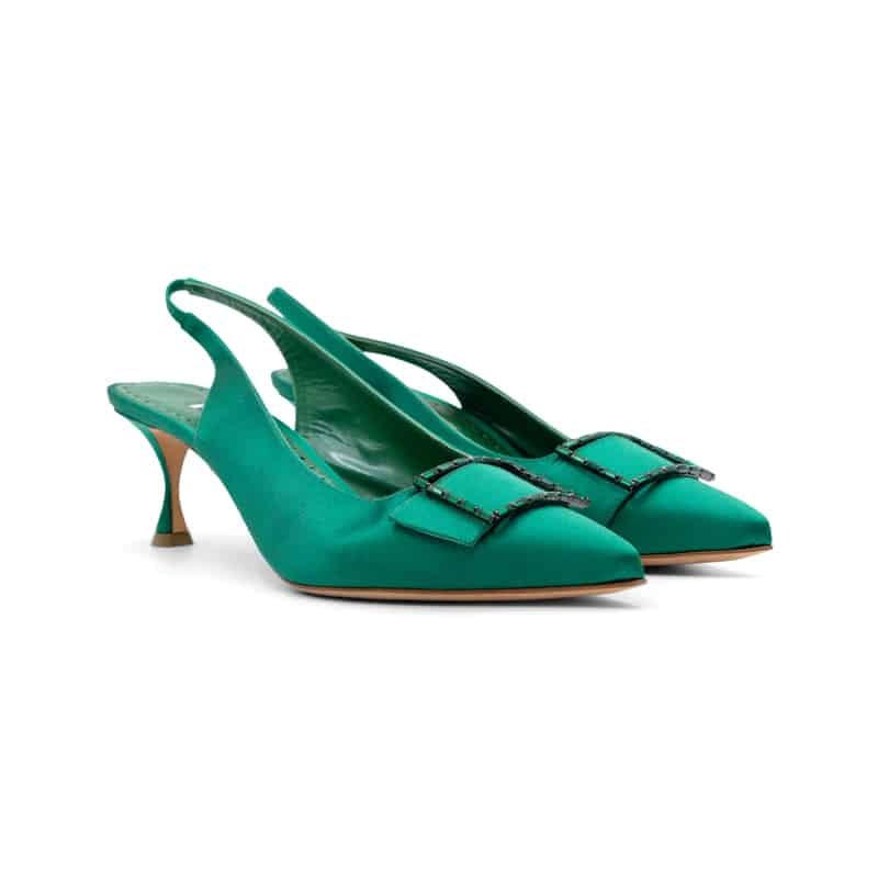 Manolo Blahnik Green Satin Dolores Slingback Pumps