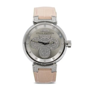 Louis Vuitton Ladies Tambour Forever Pink Diamonds S/Steel Pink Leather 34mm