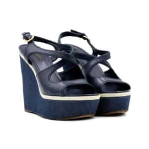 Louis Vuitton Blue Denim / Leather LV Logo Wedge Platform Sandals