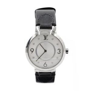 Louis Vuitton Tambour Slim Silver Arabic Diamond Dial S/Steel Case Black Leather Strap 33mm