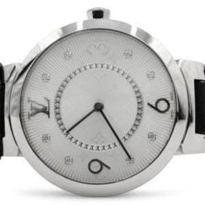 Alternative view of Louis Vuitton Tambour Slim Silver Arabic Diamond Dial S/Steel Case Black Leather Strap 33mm