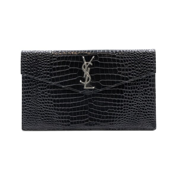 Saint Laurent Black Patent Calfskin Crocodile Embossed Uptown Pouch