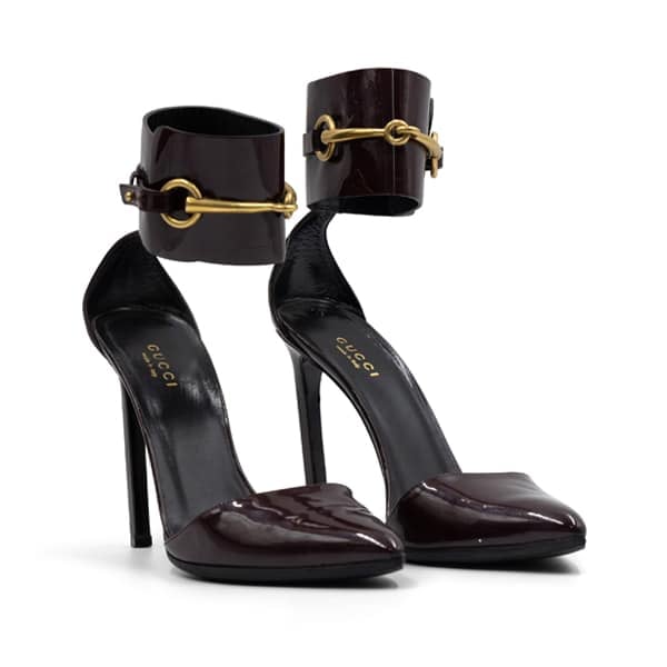 Gucci Burgundy Patent Leather Ursula Ankle Strap Pumps