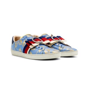 Gucci Blue/Gold Brocade Lurex Fabric Ace Sylvie Web Crystal Embellished Sneakers